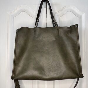 Charming Charlie Olive Green Vegan Leather Tote Bag silver hardware Medium